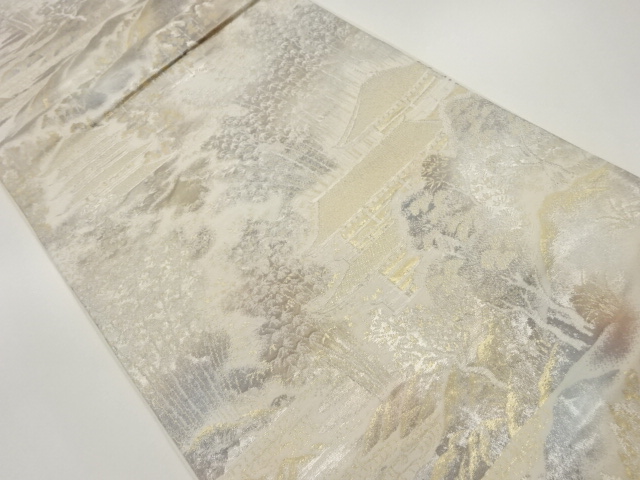 寺院に遠山・木々模様織出し袋帯